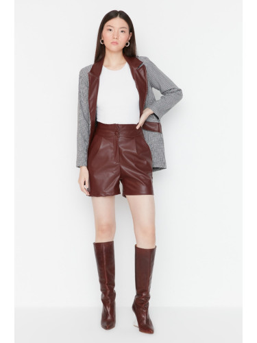 Trendyol Burgundy Weave High Waist Faux Leather Shorts