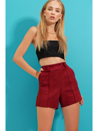 Trend Alaçatı Stili Women's Claret Red High Waist Suede Shorts with Double Pockets and Stitching at the Front