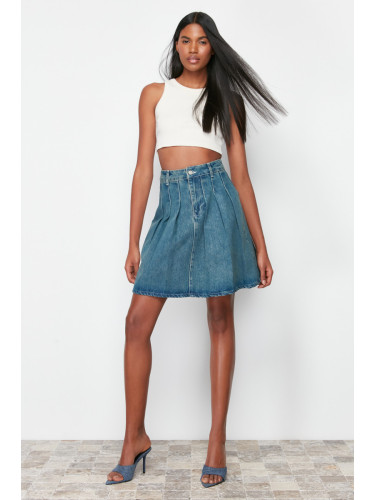 Trendyol Blue Pleated High Waist Mini Denim Skirt