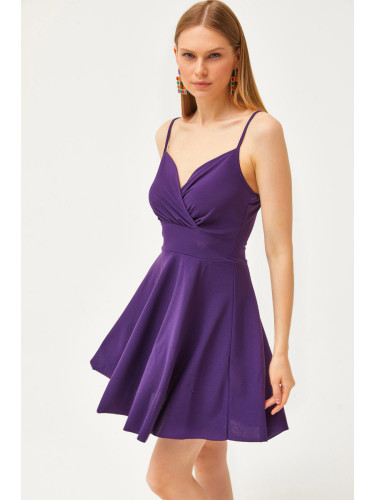 Olalook Women's Purple Strap Double Breasted Collar Flared Dress