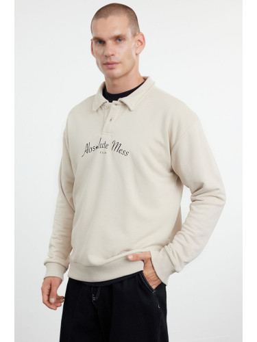 Trendyol Stone Oversize/Wide Cut Letter Printed Polo Neck Sweatshirt