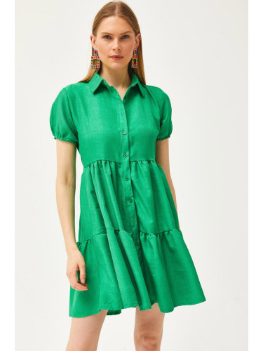Olalook Women's Grass Green Pieced Linen Content Shirt Dress