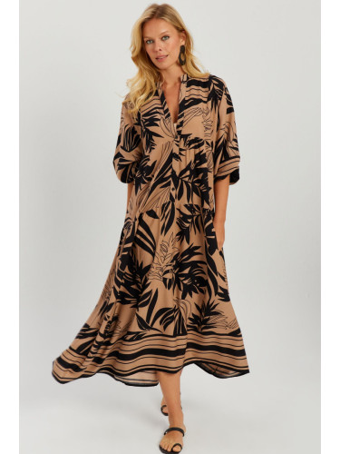 Cool & Sexy Women's Camel-Black Patterned Loose Maxi Dress GO166