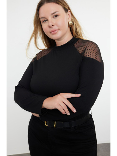 Trendyol Curve Black High Collar Lace Knitted Plus Size Blouse