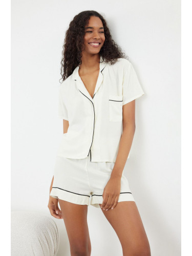 Trendyol Viscose Woven Pajama Set with Ecru Piping Detail