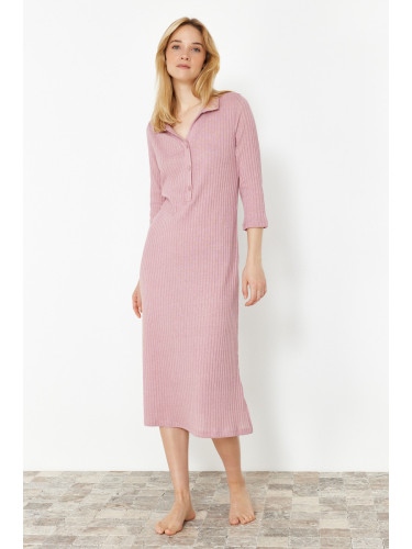 Trendyol Dusty Rose Cotton Button and Slit Detailed Corduroy Knitted Nightgown