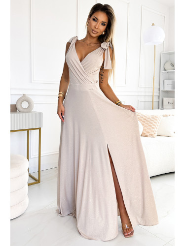 405-6 ELENA Long dress with a neckline and ties on the shoulders - beige with glitter