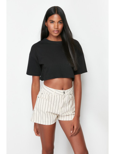 Trendyol Ecru Striped High Waist Denim Shorts