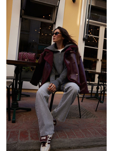 Trendyol Burgundy Plush Detailed Faux Leather Biker Jacket Coat