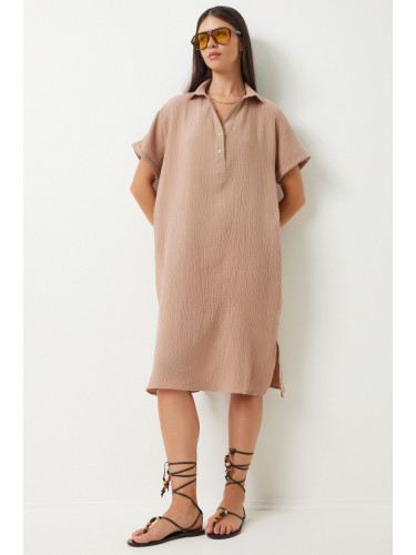 Happiness İstanbul Women's Biscuit Polo Neck Summer Loose Muslin Dress