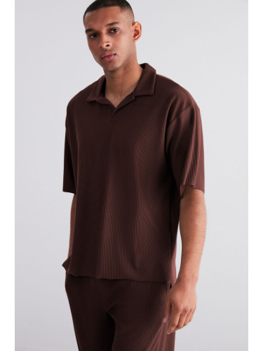 Trendyol Limited Edition Large Size Brown Oversize Textured Ottoman Polo Collar T-Shirt