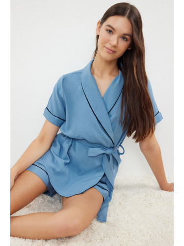 Trendyol Blue Belted Piping Detailed Viscose Shirt-Shorts Woven Pajama Set
