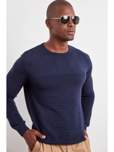 Trendyol Navy Blue Slim Crew Neck Textured Knitwear Sweatshirt