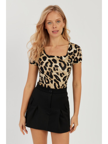 Cool & Sexy Women's Camel-Black Square Neck Leopard Patterned Blouse