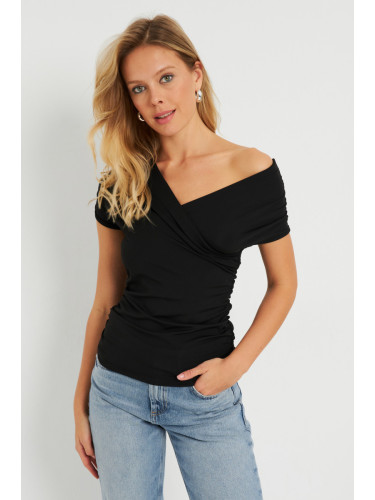 Cool & Sexy Women's Double Breasted Gathered Blouse Black
