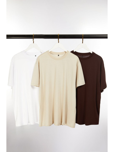 Trendyol Dark Brown-Stone-White Plus Size 3 Pack Regular/Normal Cut Basic 100% Cotton T-Shirt