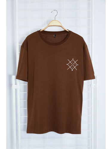Trendyol Large Size Dark Brown Regular Cut Comfortable Printed 100% Cotton T-Shirt
