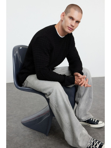 Trendyol Black Regular Crew Neck Textured Knitwear Sweater