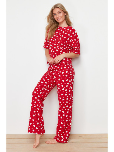 Trendyol Red 100% Cotton Heart Patterned Knitted Pajama Set