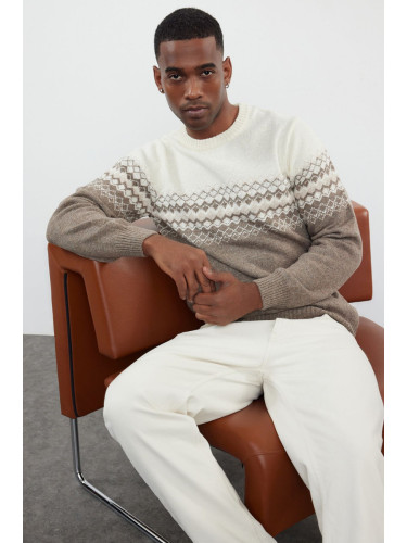 Trendyol Mink FL Men's Slim Crew Neck Ethnic Knitwear Sweater