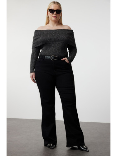 Trendyol Curve Black Lurex Corded Carmen Collar Knitwear Blouse