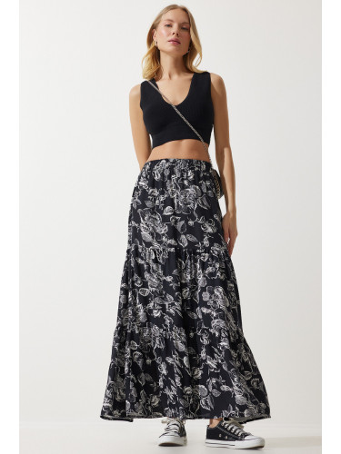 Happiness İstanbul Women's Black Floral Patterned Flounce Viscose Skirt