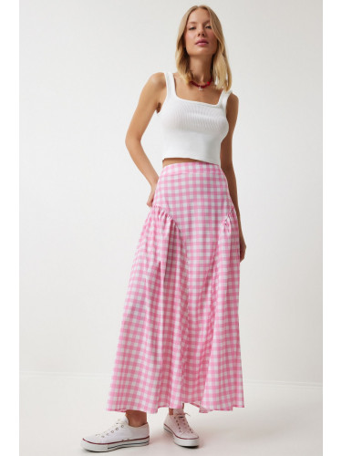 Happiness İstanbul Women's Pink Gingham Flounce Summer Poplin Skirt