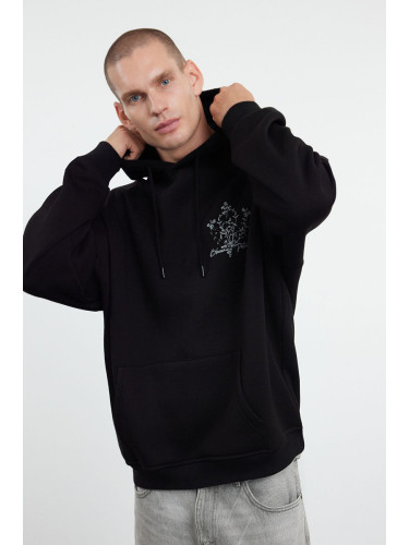 Trendyol Black Oversize/Wide Cut Hooded Floral Printed Fleece Sweatshirt