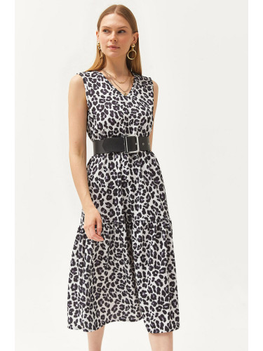 Olalook Women's Leopard White V-Neck Elastic Waist Sectional Knitted Dress