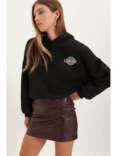 Trendyol Black Back Print Detailed Hooded Thick Inside Fleece Knitted Sweatshirt