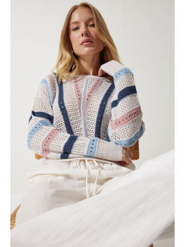 Happiness İstanbul Women's Cream Stripe Detailed Openwork Seasonal Knitwear Sweater