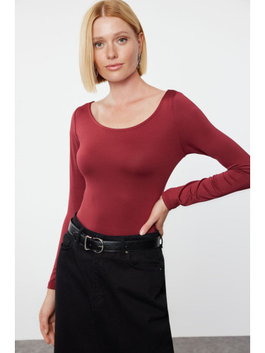 Trendyol Dark Cherry Fitted Long Sleeve Bateau Neck Stretchy Snap Fastener Knitted Bodysuit