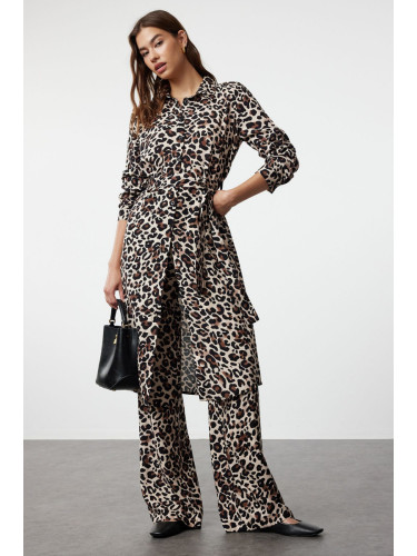 Trendyol Brown Leopard Patterned Belted Viscose Regular Woven Bottom-Top Set