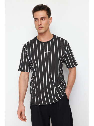 Trendyol Black Relaxed/Comfortable Cut Striped 100% Cotton T-Shirt