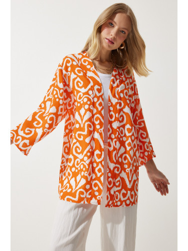 Happiness İstanbul Women's Orange Ecru Patterned Viscose Kimono