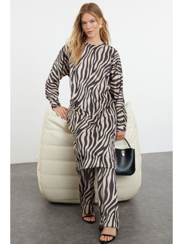 Trendyol Beige Crinkle Knitted Animal Zebra Patterned Long Tunic Bottom-Top Set