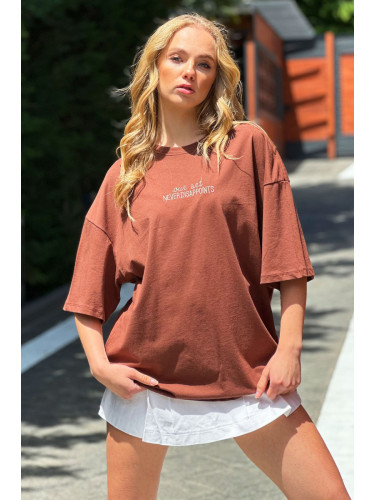 Trend Alaçatı Stili Women's Brown Crew Neck Front Embroidered Oversized T-Shirt