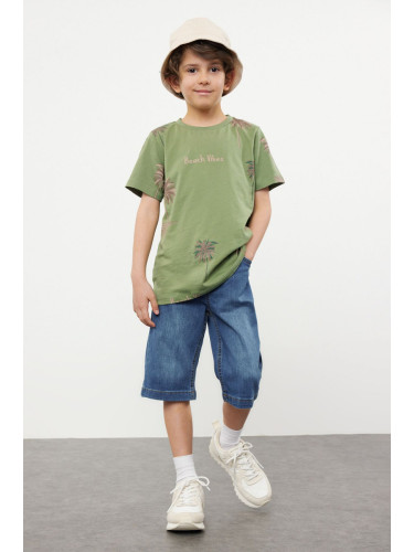 Trendyol Khaki Boy Palm Tree Patterned Cotton T-shirt-Jean Trousers Set Bottom-Top Set