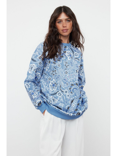 Trendyol Blue Paisley Patterned Diver/Scuba Knitted Oversize Sweatshirt