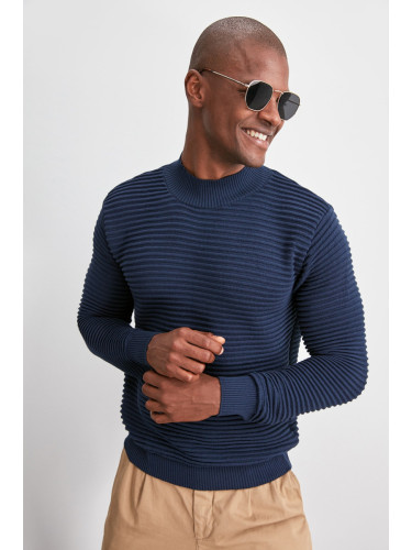 Trendyol Navy Blue Slim Half Turtleneck Textured Knitwear Sweater