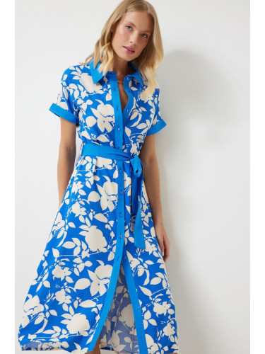 Happiness İstanbul Women's Blue Floral Summer Slim Viscose Dress