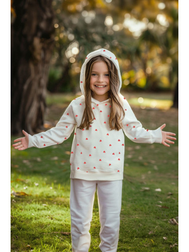 Trendyol Ecru Girl's Heart Patterned Hooded Knitted Sweatshirt