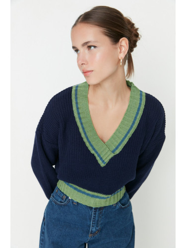 Trendyol Navy Blue Crop V-Neck Knitwear Sweater