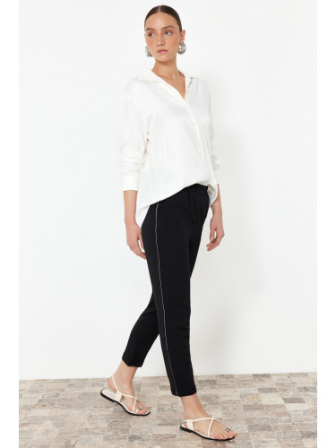 Trendyol Black Elastic Waist Linen Look Woven Trousers with Glitter Stripes on the Side