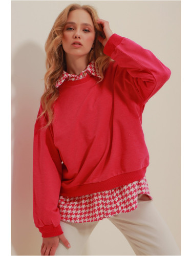 Trend Alaçatı Stili Women's Fuchsia Crew Neck Oversize Basic Sweatshirt
