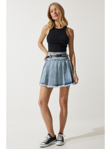 Happiness İstanbul Women's Light Blue Belted Pleated Mini Denim Skirt