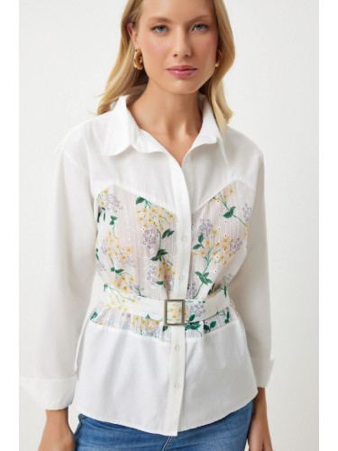 Happiness İstanbul Women's Ecru Yellow Floral Embroidery Detailed Woven Shirt