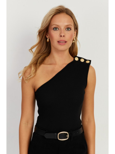 Cool & Sexy Women's Black Button Detailed Asymmetrical Camisole Blouse