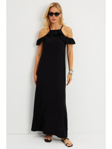 Cool & Sexy Women's Black Halter Neck Wrap Midi Dress