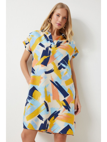 Happiness İstanbul Women's Yellow Blue Polo Neck Patterned Summer Dress